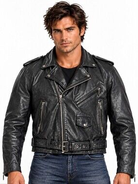 JR Leather Genuine Leather Black Motorcycle Biker Jacket Size 50